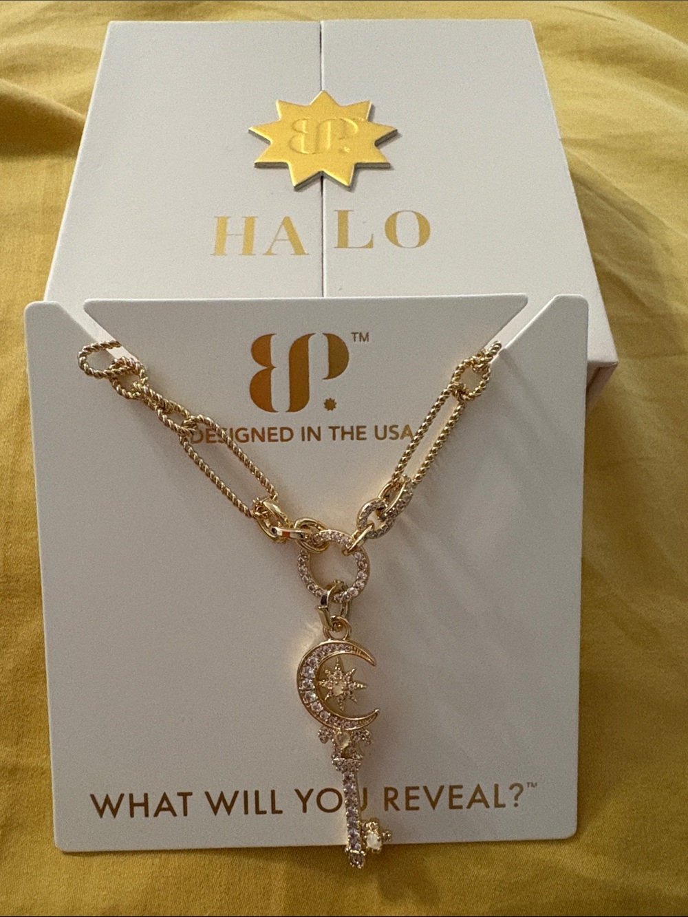 Halo Gold-Tone Crescent Moon Key Necklace with Crystals
